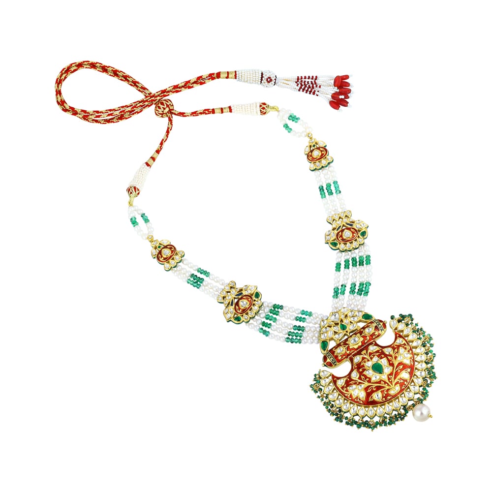Red Enamel Polki Pendant Necklace with Pearls & Emerald Beads